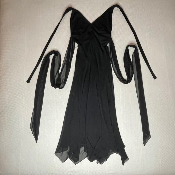 Le Château Black Halter Wrap Dress | Size XXS | Elegant Asymmetrical Hem - Picture 2 of 6